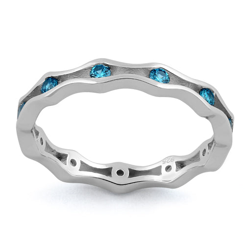 Sterling Silver Wavy Eternity Aqua Blue CZ Ring