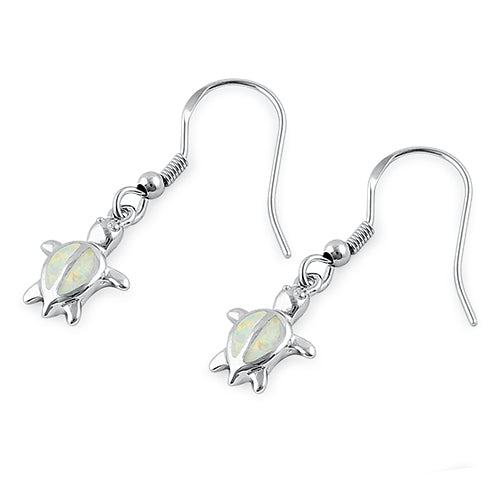 Sterling Silver White Lab Opal Sea Turtle Hook Earrings