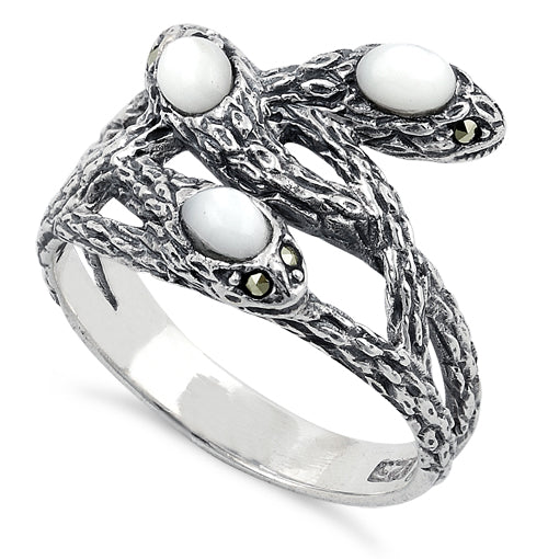 Sterling Silver Mother of Pearl Snakes Marcasite Ring