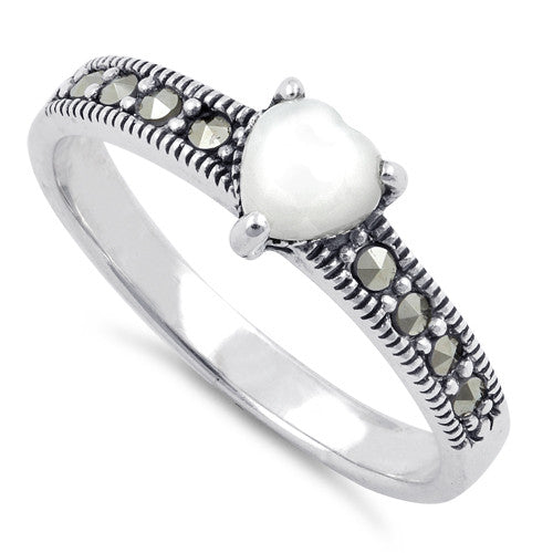 Sterling Silver Mother of Pearl Heart Marcasite Ring