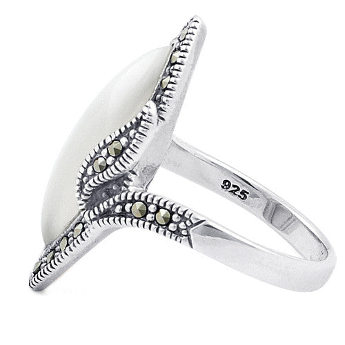 Sterling Silver Mother of Pearl Marquise Marcasite Ring