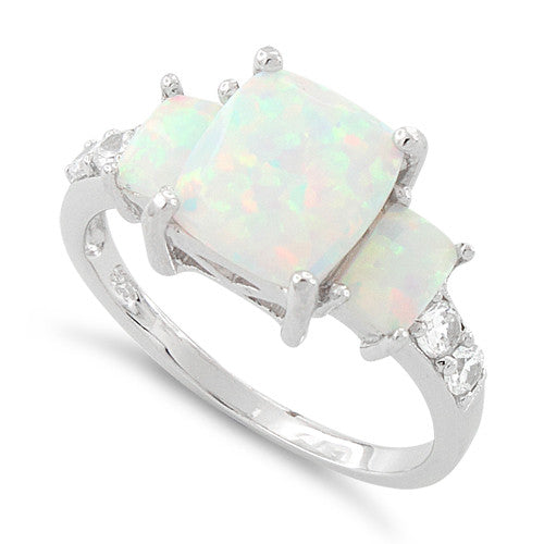 Sterling Silver White Lab Opal Square CZ Ring