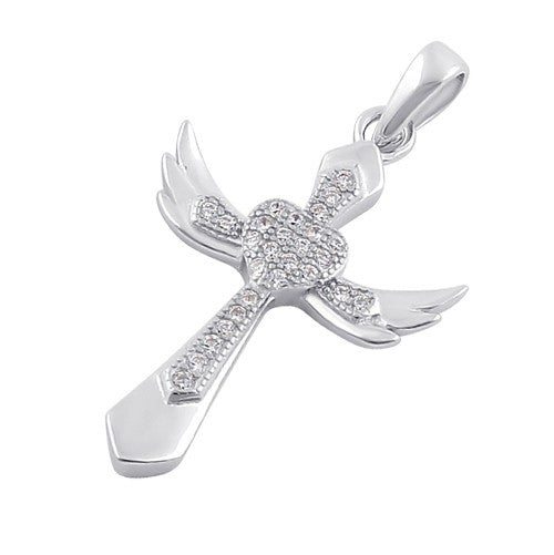 Sterling Silver Winged Cross Clear CZ Pendant